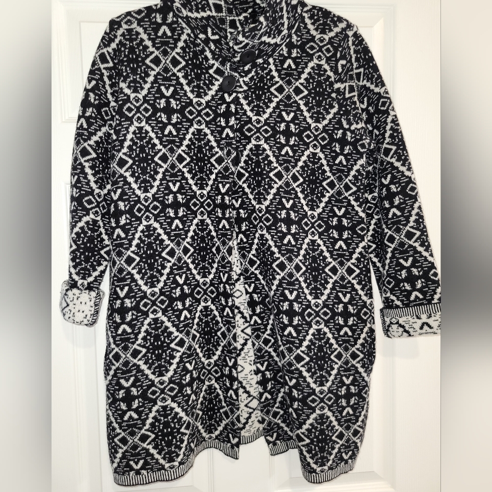 A. Ida Womens Wool Blend Open Front Cardigan Black White Black Boho Aztec ITALY